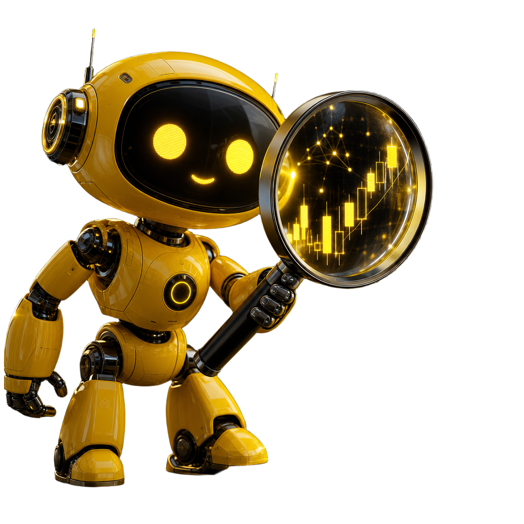 DeepScan yellow robot mascot inspecting crypto data with a magnifying glass